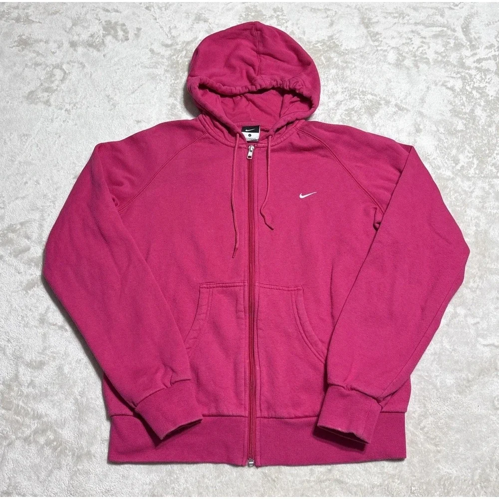Nike Hoodie Women's Large Pink Full Zip Sweatshirt White Embroidered Logo